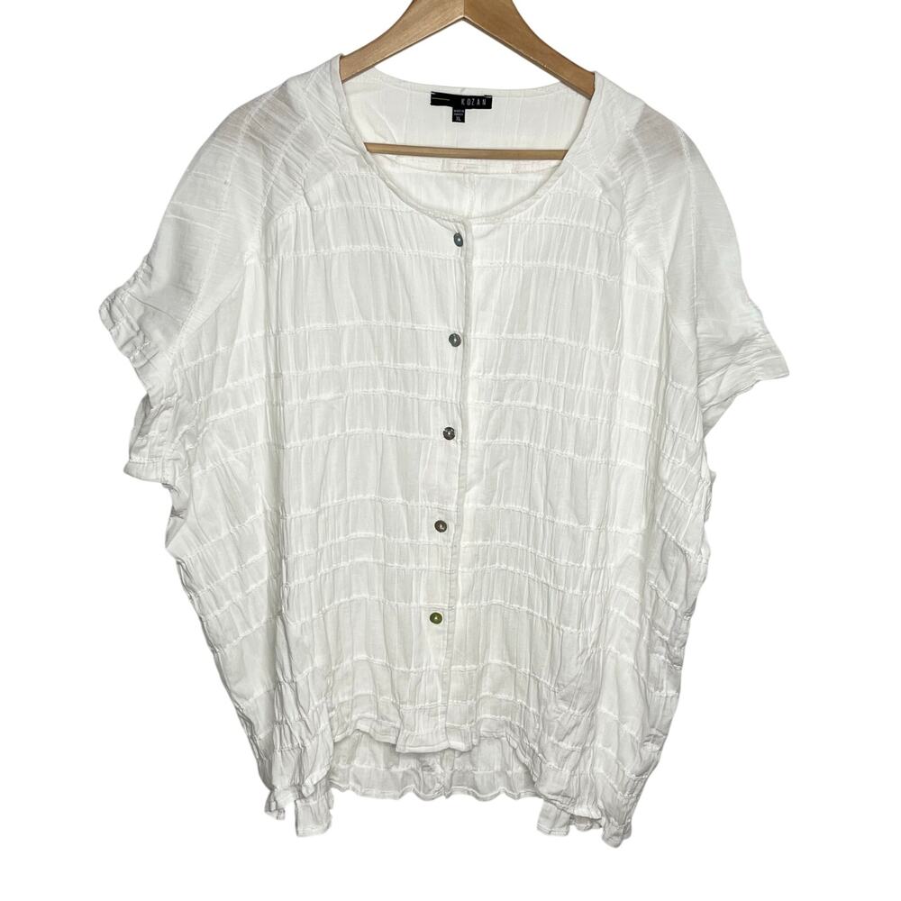 Kozan White Crinkle Blouse XL Lagenlook Boho Oversized Button Front Cotton